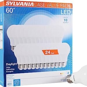 SYLVANIA LED A19 Light Bulb, 60W Equivalent, Efficient 8.5, 10 Year, W, 5000K, 800 Lumens, Frosted, Daylight - 24 Pack (74766)